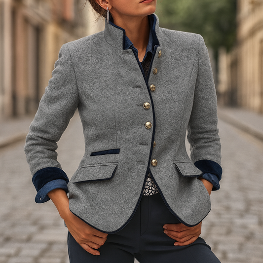 Miriam | Blazer Jacket Grey Wool-Look Stand Collar Gold Buttons for Women