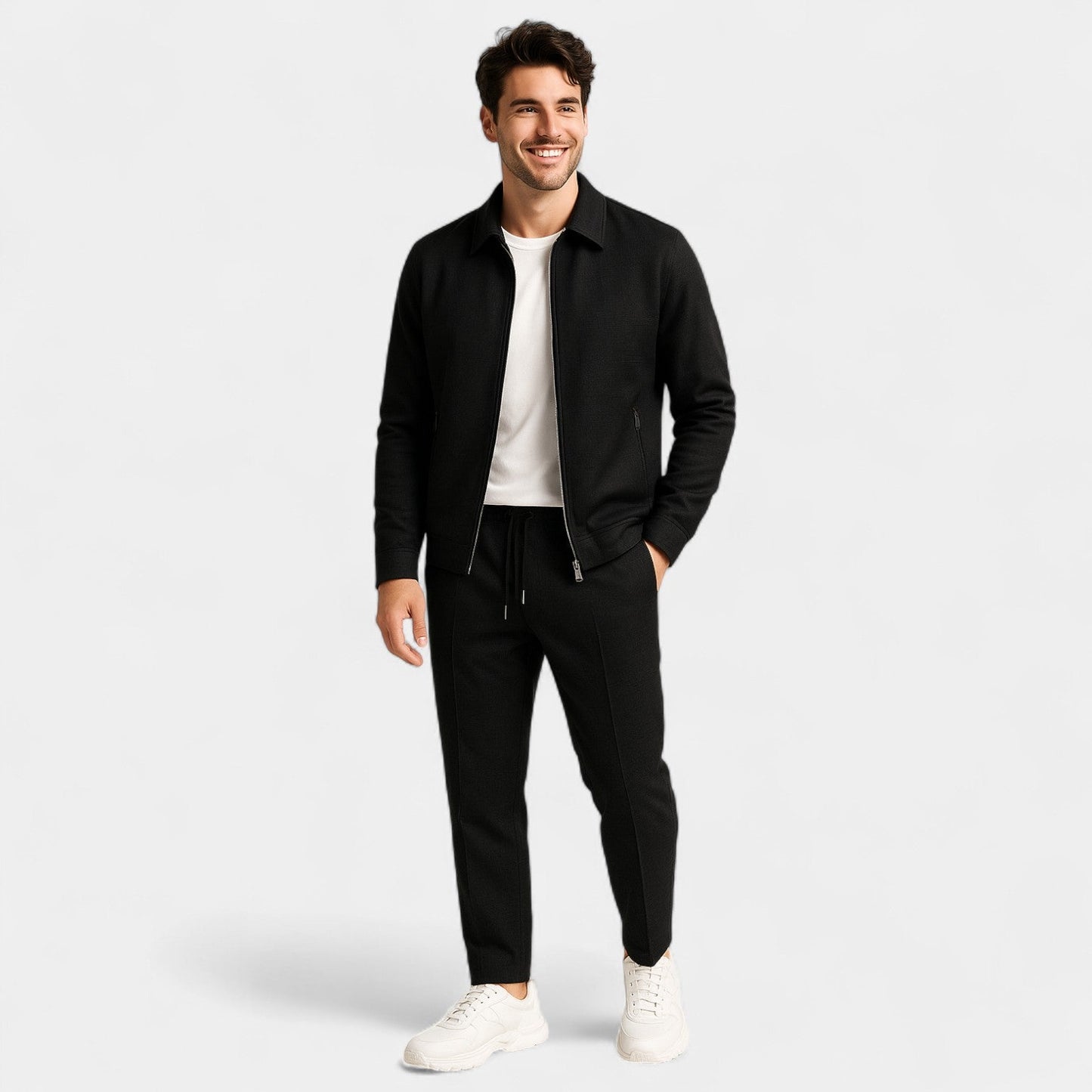 Percy | Suit Set Off-White Cotton Blend Slim Fit Zip Jacket and Trousers for Men