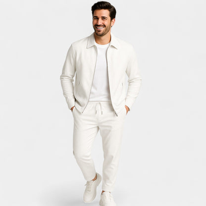 Percy | Suit Set Off-White Cotton Blend Slim Fit Zip Jacket and Trousers for Men