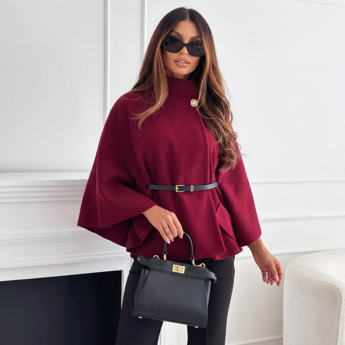 Avril | Cape Sleeve Sweater Grey High Neck Gold Button for Women