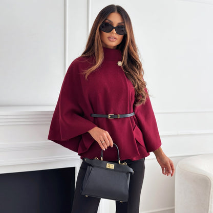 Avril | Cape Sleeve Sweater Grey High Neck Gold Button for Women
