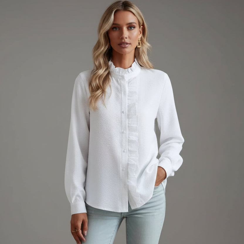 Alice | Blouse Pale Blue Textured Ruffle Collar Button Front for Women