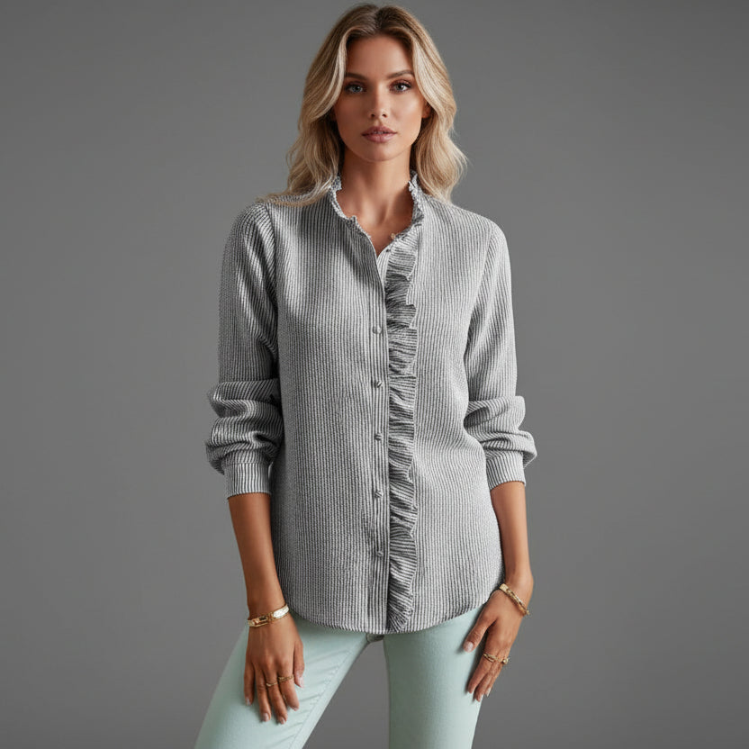 Alice | Blouse Pale Blue Textured Ruffle Collar Button Front for Women