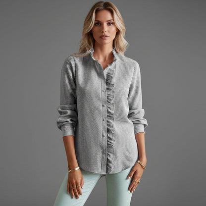 Alice | Blouse Pale Blue Textured Ruffle Collar Button Front for Women