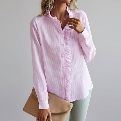 Alice | Blouse Pale Blue Textured Ruffle Collar Button Front for Women