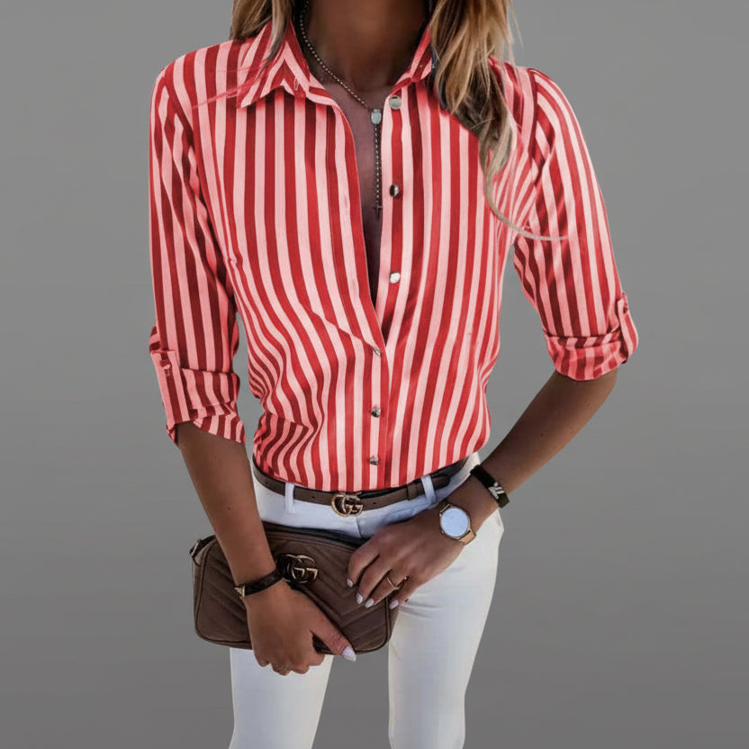 Olivia | Shirt Blue White Stripe Woven Button Front Roll-Up Sleeve for Women