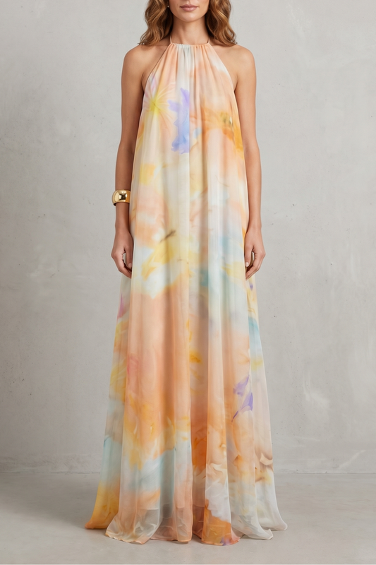 Rosalind | Maxi Dress Pastel Watercolour Floral Chiffon Halter for Women