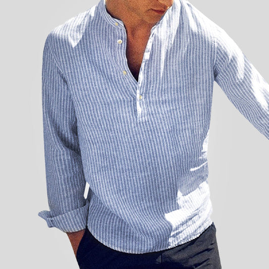Ewan | Shirt Blue Striped Cotton-Linen Henley Long Sleeve for Men