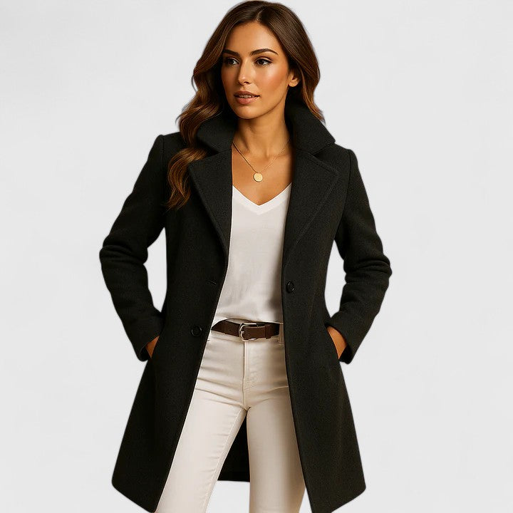 Phoebe | Overcoat Dark Olive Wool-Blend Tailored Notched Collar for Women