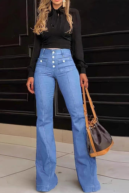 Iona | Flare Jeans Blue Denim High-Waist Button-Front for Women