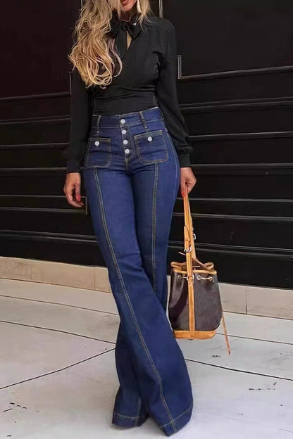 Iona | Flare Jeans Blue Denim High-Waist Button-Front for Women