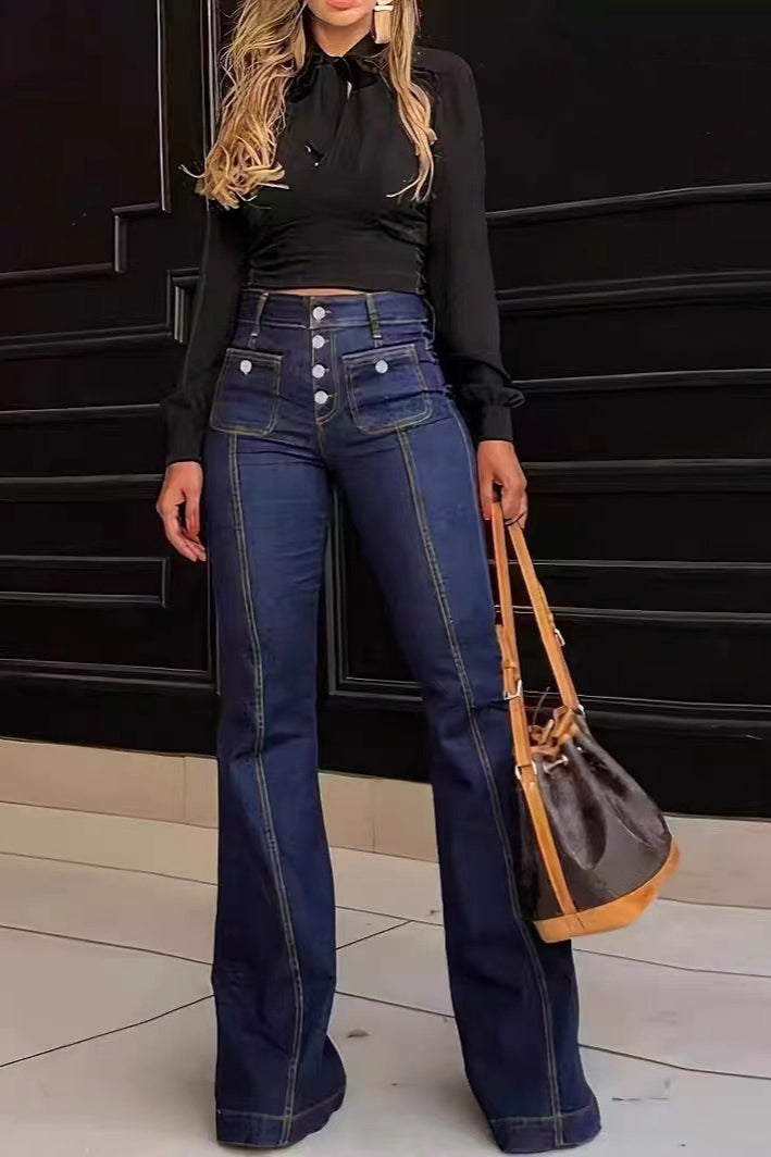 Iona | Flare Jeans Blue Denim High-Waist Button-Front for Women