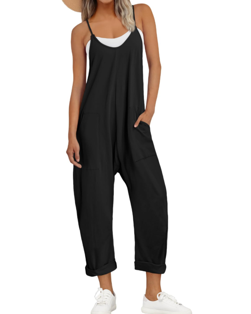 Isla | Sleeveless Jumpsuit Black Rayon Wide-Leg Spaghetti Strap for Women