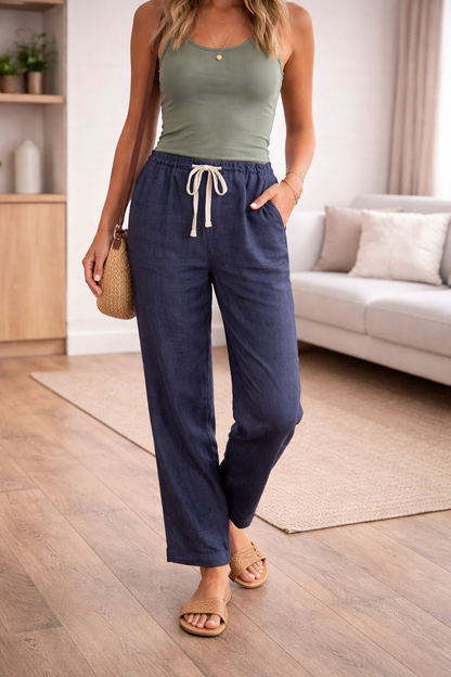Phoebe | Wide-Leg Trousers Sage Green Linen Drawstring High-Waist for Women