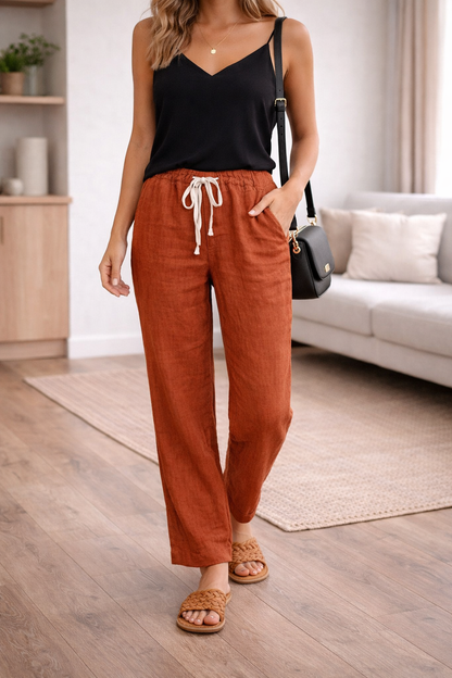 Phoebe | Wide-Leg Trousers Sage Green Linen Drawstring High-Waist for Women