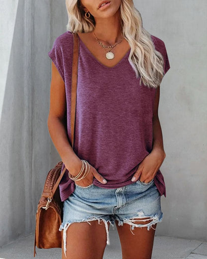 Nell | V-Neck T-Shirt Purple Cotton Loose Fit Cap Sleeve for Women