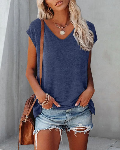 Nell | V-Neck T-Shirt Purple Cotton Loose Fit Cap Sleeve for Women