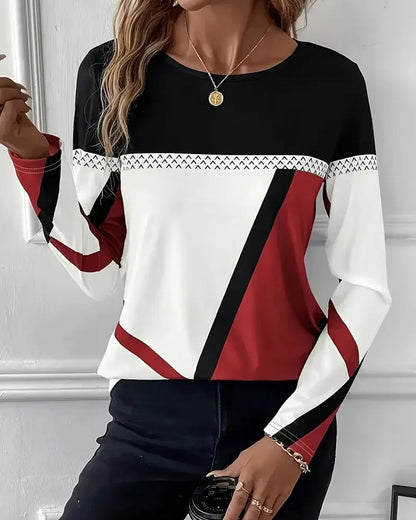 Lyra | Long Sleeve T-Shirt Black White Red Geometric Colour Block for Women