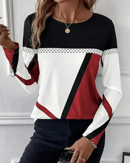 Lyra | Long Sleeve T-Shirt Black White Red Geometric Colour Block for Women