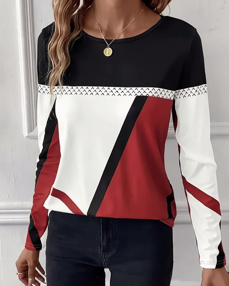 Lyra | Long Sleeve T-Shirt Black White Red Geometric Colour Block for Women