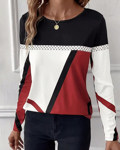 Lyra | Long Sleeve T-Shirt Black White Red Geometric Colour Block for Women