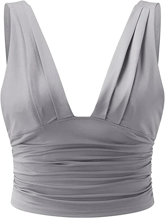 Corinne | Sleeveless Crop Top White Ruched Deep V-Neck for Women