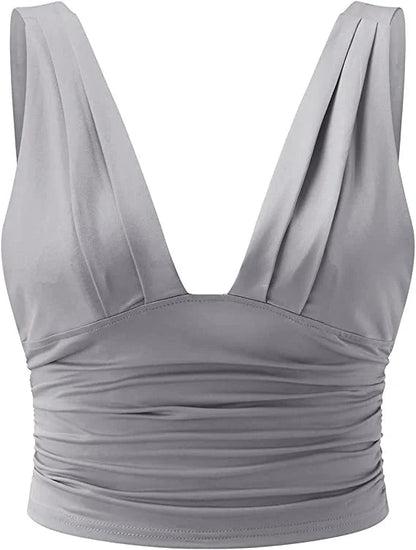 Corinne | Sleeveless Crop Top White Ruched Deep V-Neck for Women