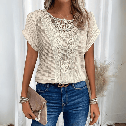 Annabel | Knit Top Cream Lace Panel Round Neck Short Sleeve for Women