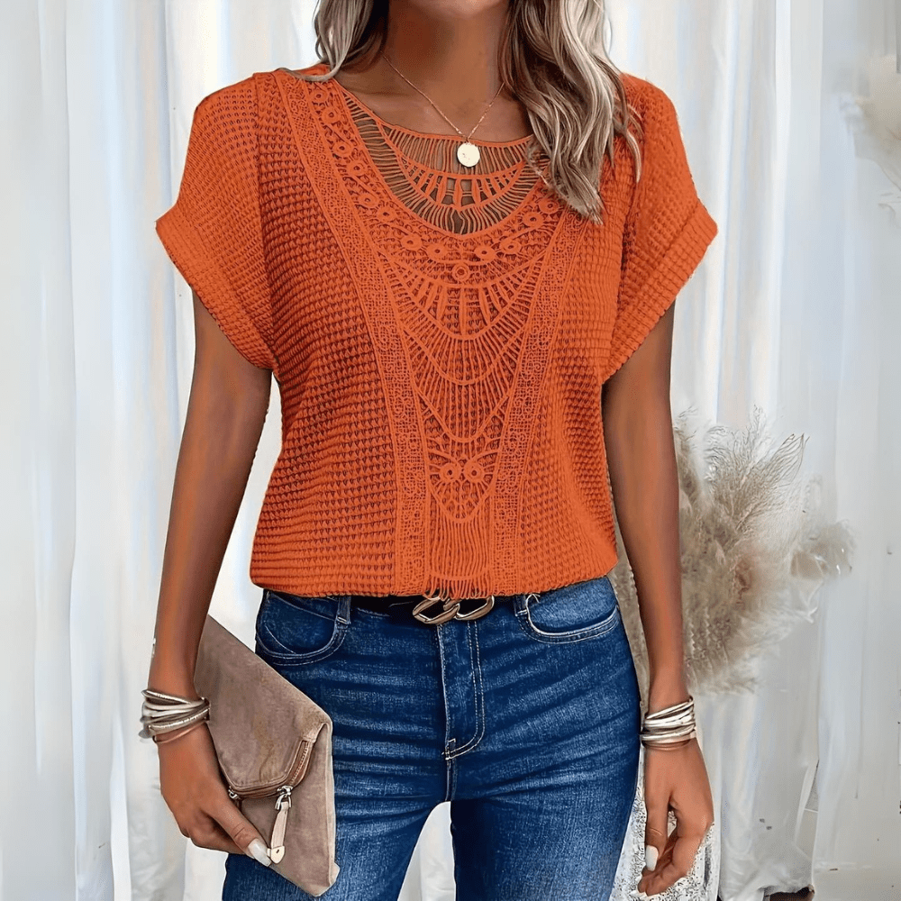 Annabel | Knit Top Cream Lace Panel Round Neck Short Sleeve for Women