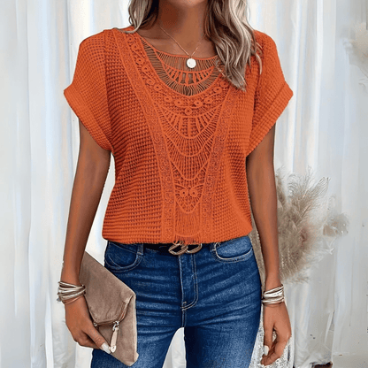 Annabel | Knit Top Cream Lace Panel Round Neck Short Sleeve for Women