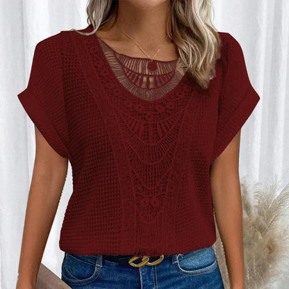 Annabel | Knit Top Cream Lace Panel Round Neck Short Sleeve for Women