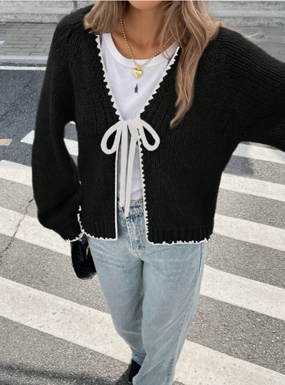 Damaris | Cropped Cardigan Black Knit Bow Tie Trim for Women
