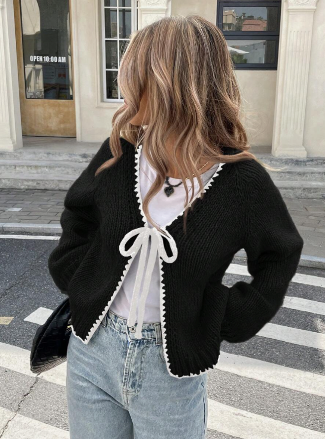 Damaris | Cropped Cardigan Black Knit Bow Tie Trim for Women
