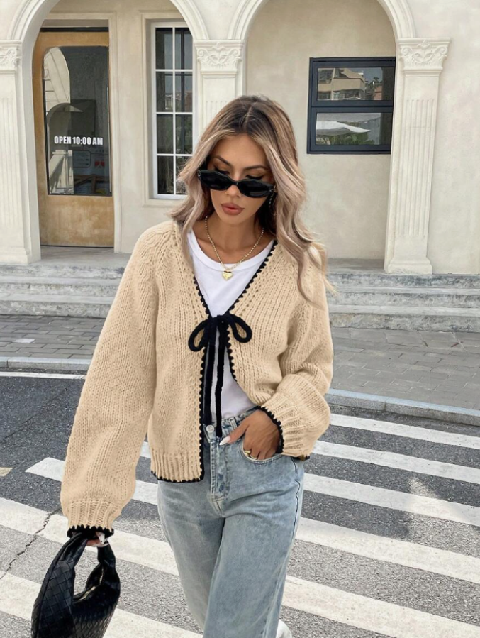 Damaris | Cropped Cardigan Black Knit Bow Tie Trim for Women