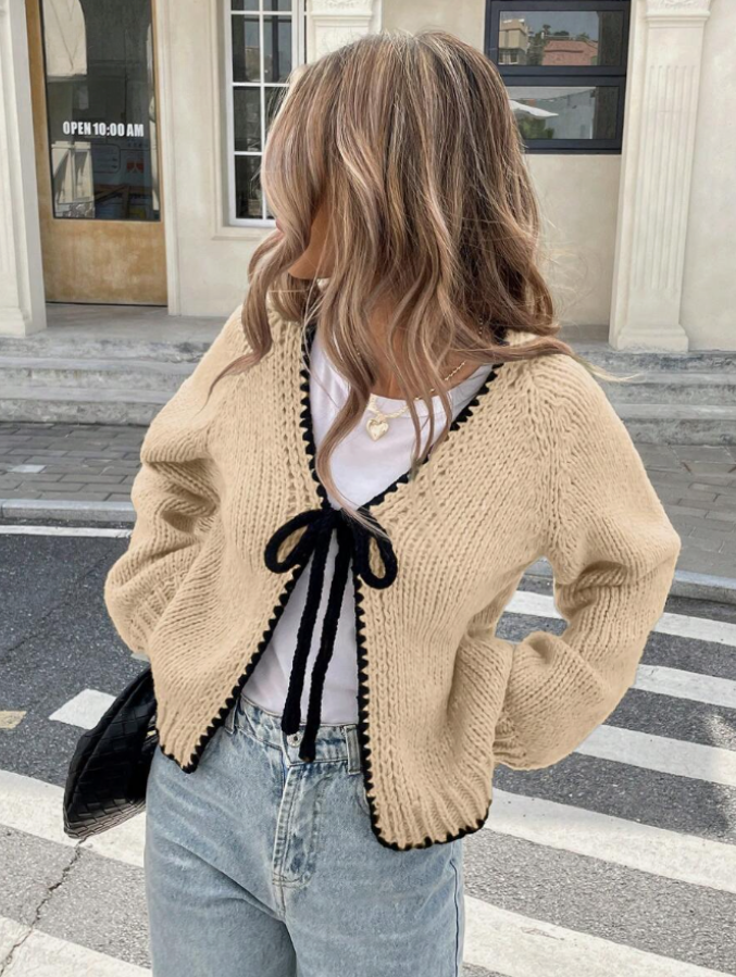 Damaris | Cropped Cardigan Black Knit Bow Tie Trim for Women