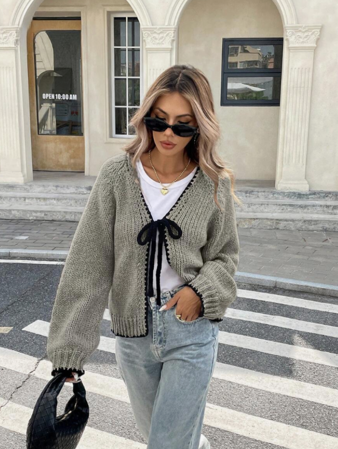 Damaris | Cropped Cardigan Black Knit Bow Tie Trim for Women