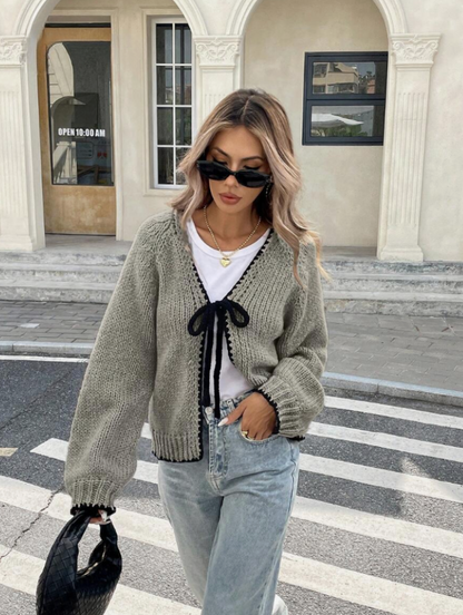 Damaris | Cropped Cardigan Black Knit Bow Tie Trim for Women