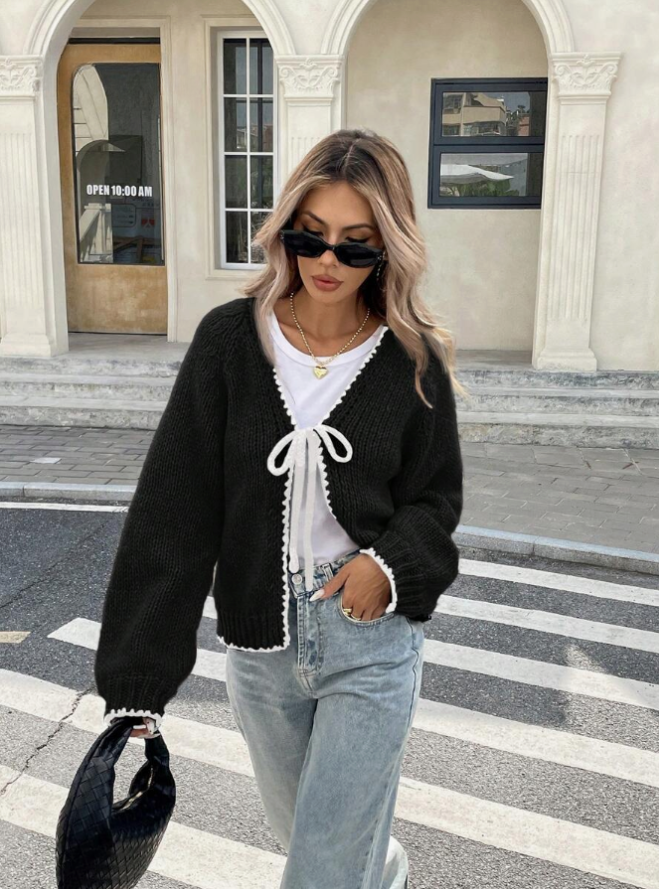 Damaris | Cropped Cardigan Black Knit Bow Tie Trim for Women