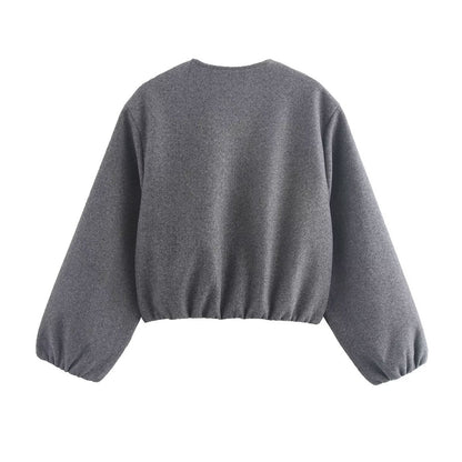 Tabitha | Cropped Bomber Jacket Grey Wool-Blend Elasticated Hem for Women