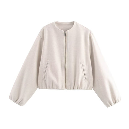 Tabitha | Cropped Bomber Jacket Grey Wool-Blend Elasticated Hem for Women