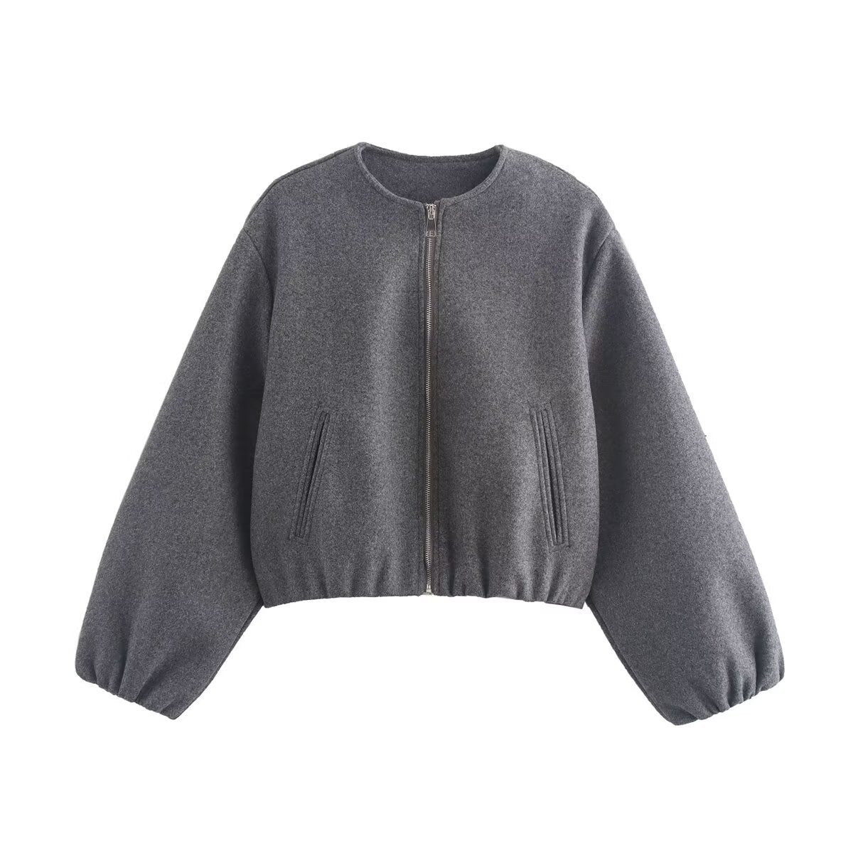 Tabitha | Cropped Bomber Jacket Grey Wool-Blend Elasticated Hem for Women