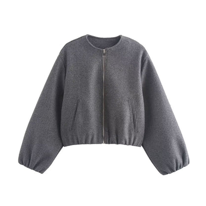 Tabitha | Cropped Bomber Jacket Grey Wool-Blend Elasticated Hem for Women