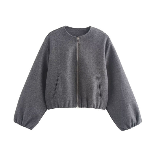 Tabitha | Cropped Bomber Jacket Grey Wool-Blend Elasticated Hem for Women