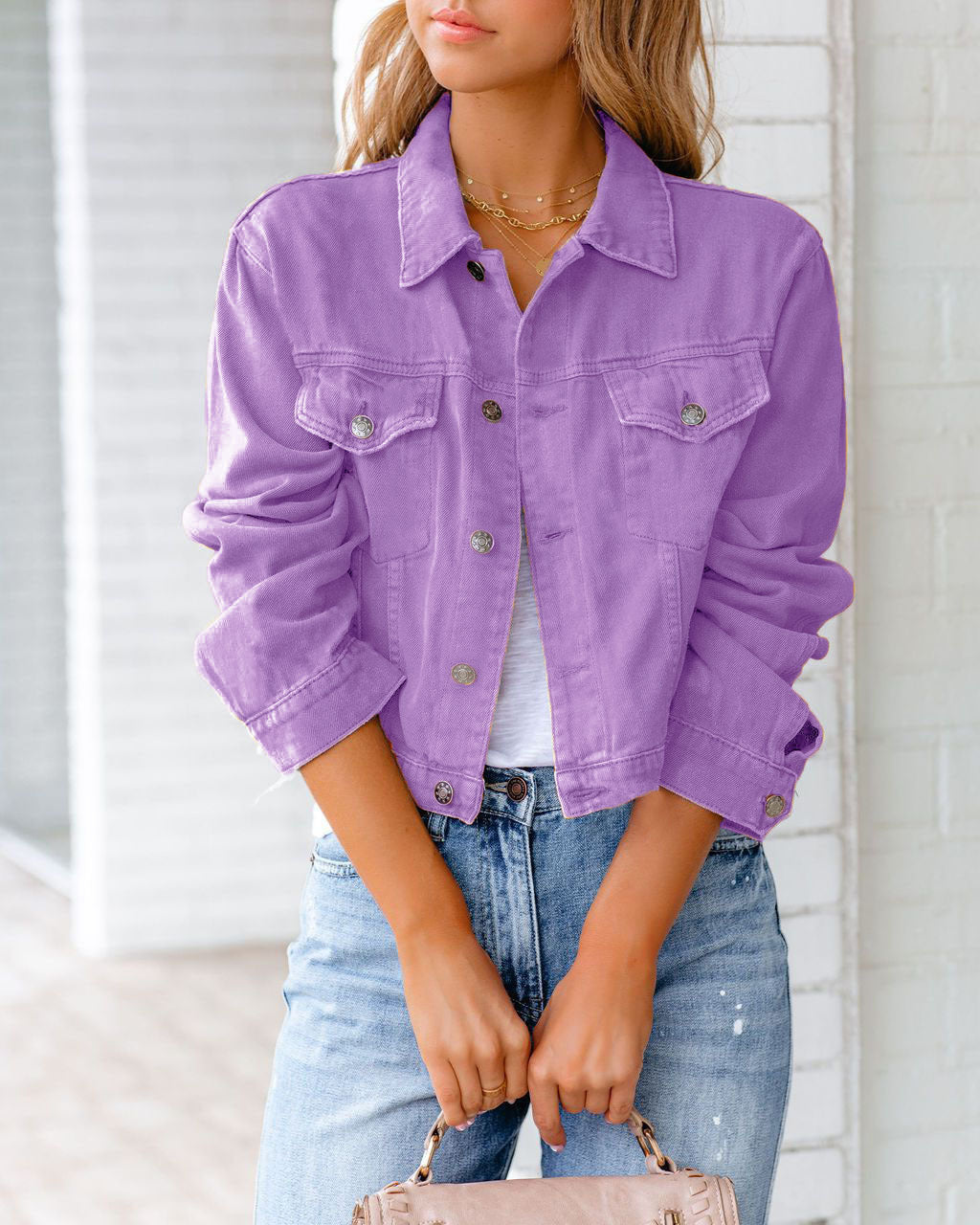 Poppy | Cropped Denim Jacket Pink Relaxed Fit Button-Up for Women