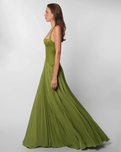 Annabell | Maxi Formal Dress Olive Green Lace Chiffon Halter Neck for Women