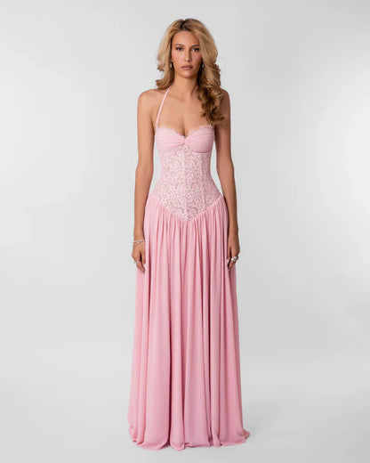 Elspeth | Maxi Party Dress Pink Lace Corset Halter for Women
