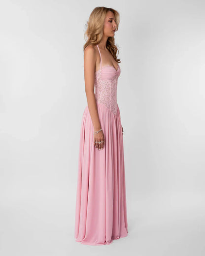 Elspeth | Maxi Party Dress Pink Lace Corset Halter for Women