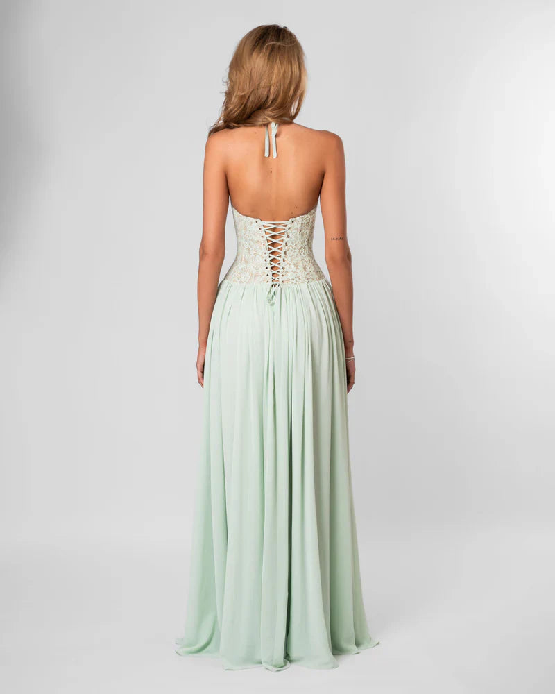 Elspeth | Maxi Party Dress Pink Lace Corset Halter for Women