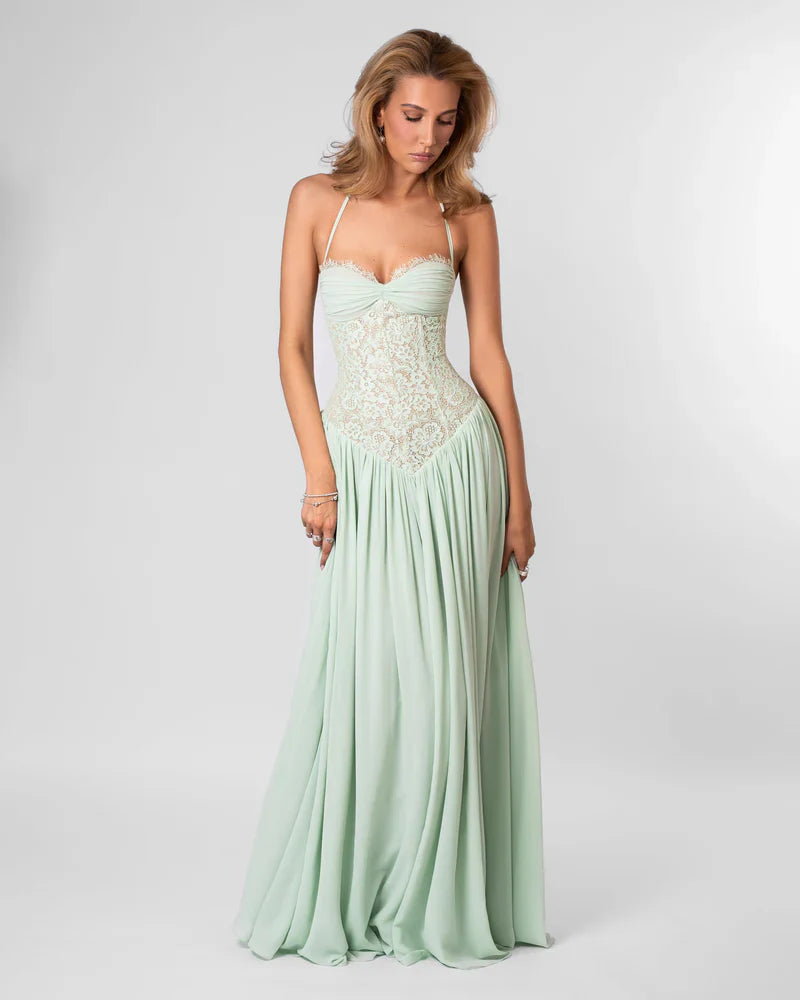 Elspeth | Maxi Party Dress Pink Lace Corset Halter for Women