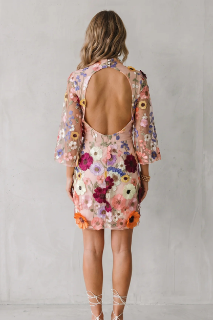 Phoebe | Mini Dress Pink Mesh 3D Floral Embroidery 3/4 Sleeve for Women